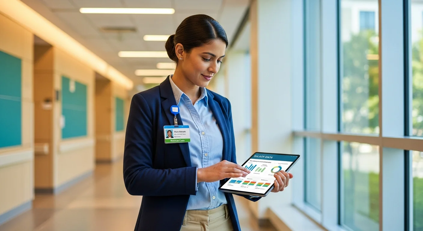 Medical billing professional reviewing salary data in a healthcare facility